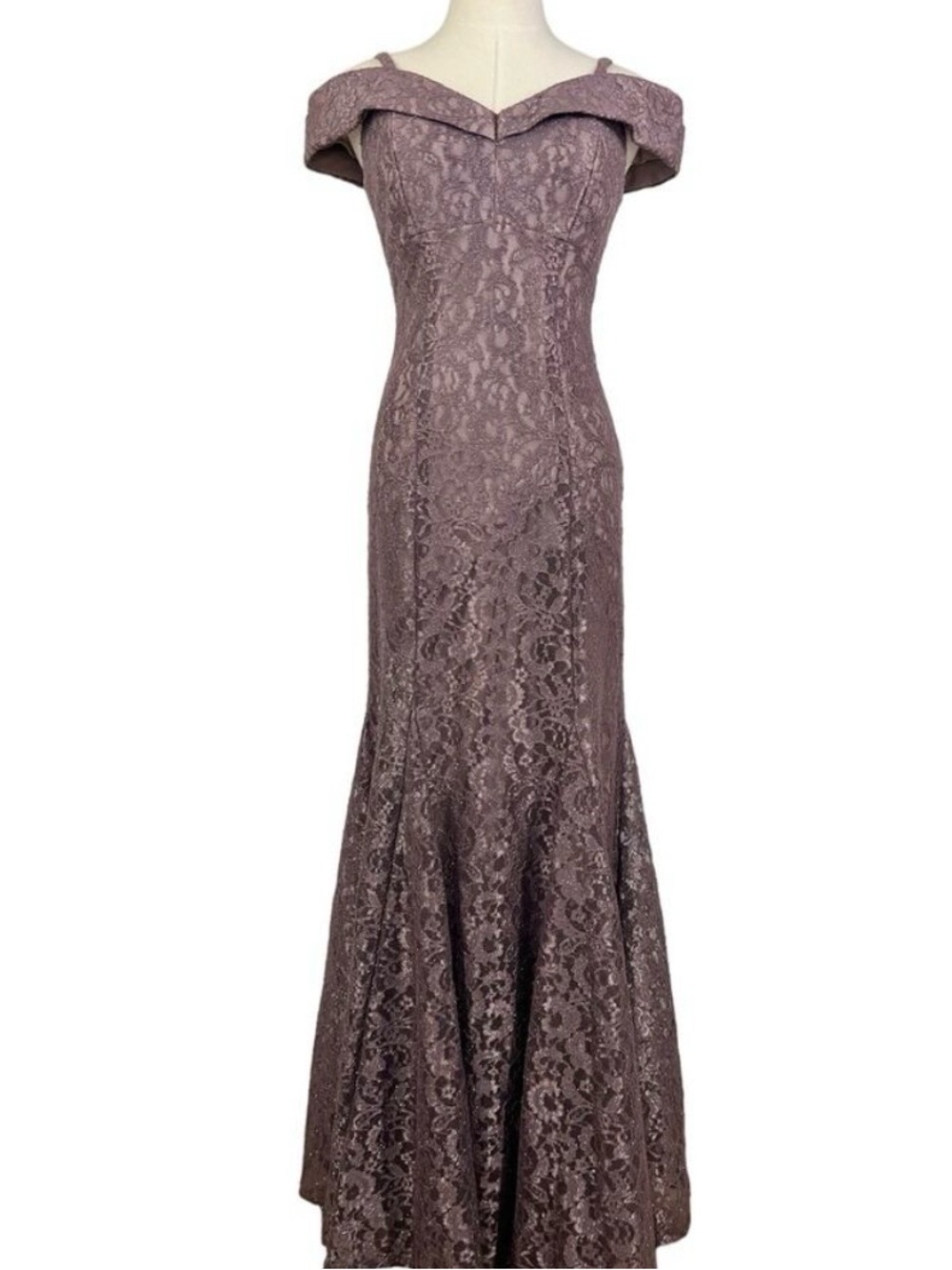 R&M Richards Off-Shoulder Glittery Lace Mermaid Evening Gown in Mocha 4 NWT